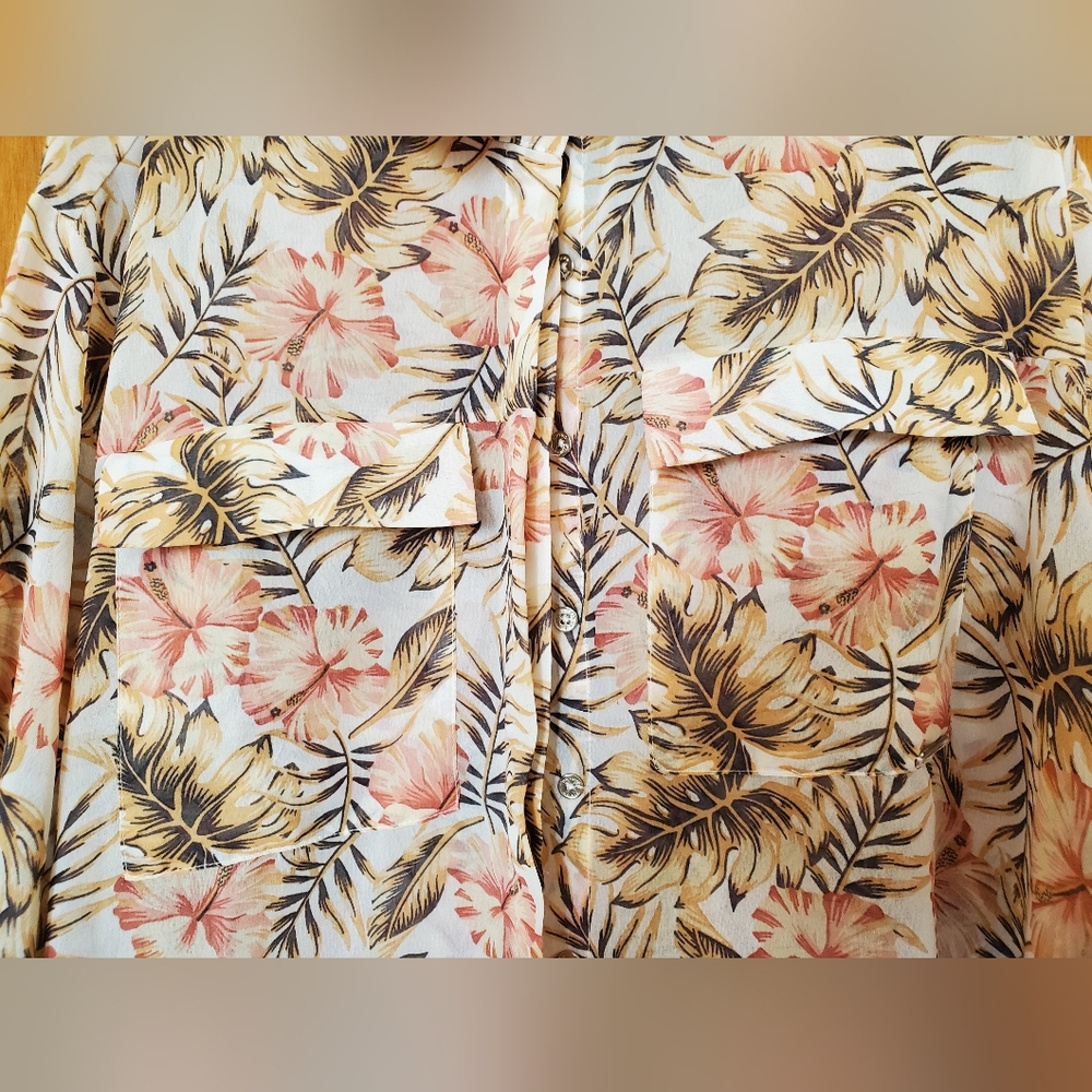 Simon Chang XL Tropical Print Sheer Long Sleeve Blouse w button cuffs & tie back - Picture 3 of 9